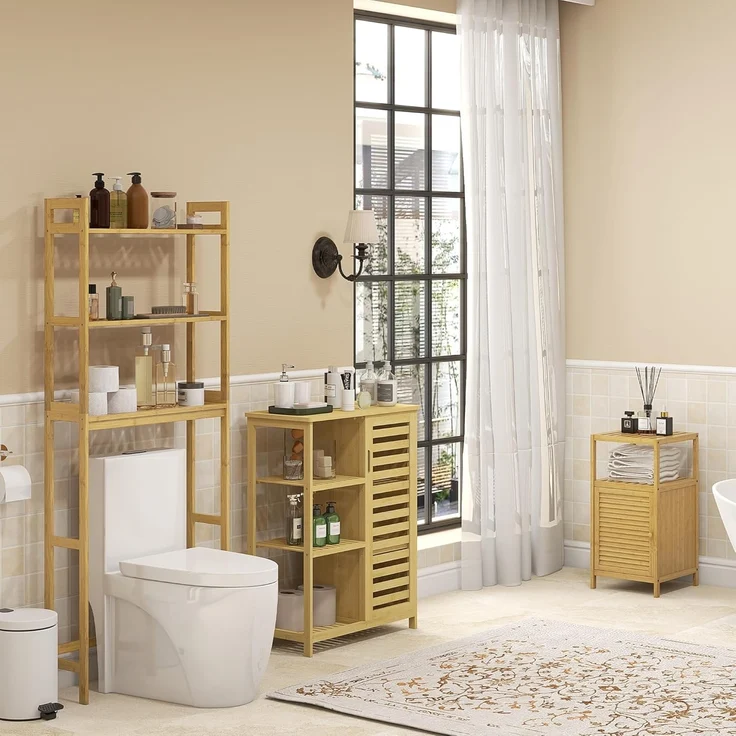 Kleankin Badregal Toilettenregal 3-stöckiges Badezimmerregal, Standregal mit Kippschutz, Aufbewahrungsregal 1-tlg, für Badezimmer, Bambus, Natur, 68 x 20 x 165 cm – Bild 9