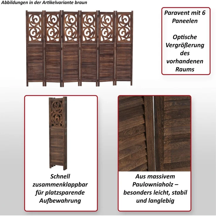 Paravent T568, Raumteiler Trennwand Sichtschutz Raumtrennung, Ornamente klappbar Paulownia Holz 170x240cm ~ braun – Bild 2