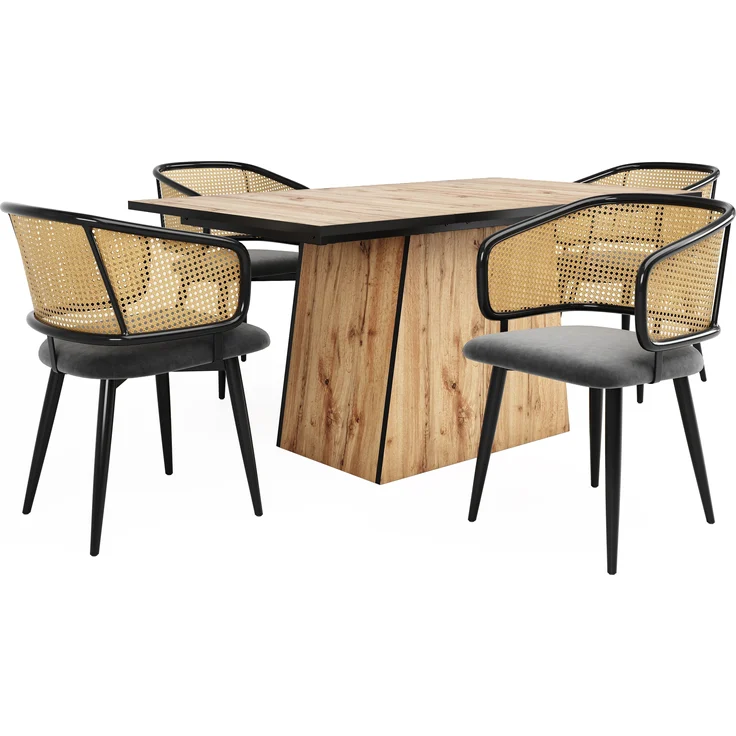 4 Esszimmerstühle mit Rattan-Rückenlehne & Samtkissen, 47x47x79 cm, Grau – Bild 3