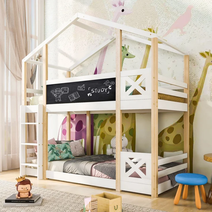 Etagenbett 90x200 cm mit Dachrahmen, Tafel & Leiter, Hochbett aus Kiefernholz, sicher & stabil, Weiß, Kinderbett – Bild 5