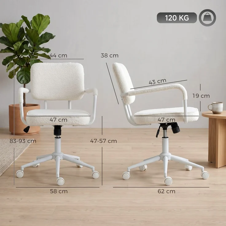 MELAYR, Bürostuhl aus Sherpa-Fleece, Drehstuhl mit 360°-Drehfunktion, Wippfunktion, 62 x 58 x 93 cm, Cremeweiß – Bild 5