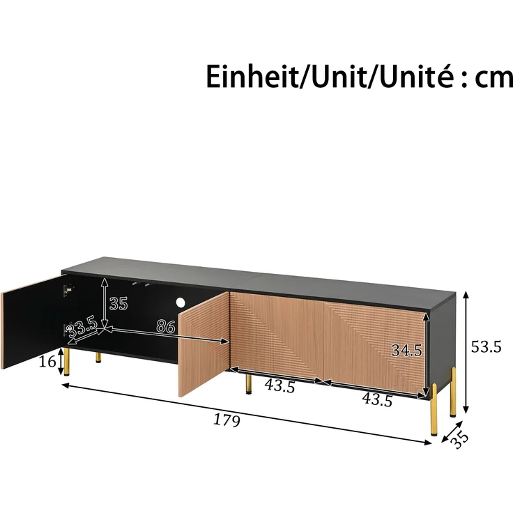 TV-Schrank aus Spanplatte mit 4 Türen & Metallgestell, 179x35x53,5 cm, Schwarz/Natur – Bild 10
