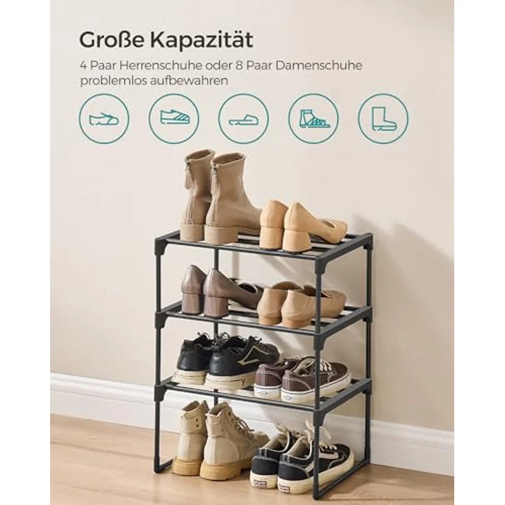 SONGMICS Schuhregal 3 Ebenen, Schuhständer Metall, Schuhaufbewahrung, Schuh-Organizer, aufrecht oder umgedreht, für 4-8 Paar Schuhe, stapelbar, Flur, 30 x 42,5 x 54,5 cm, schwarz LSA003B01 – Bild 6