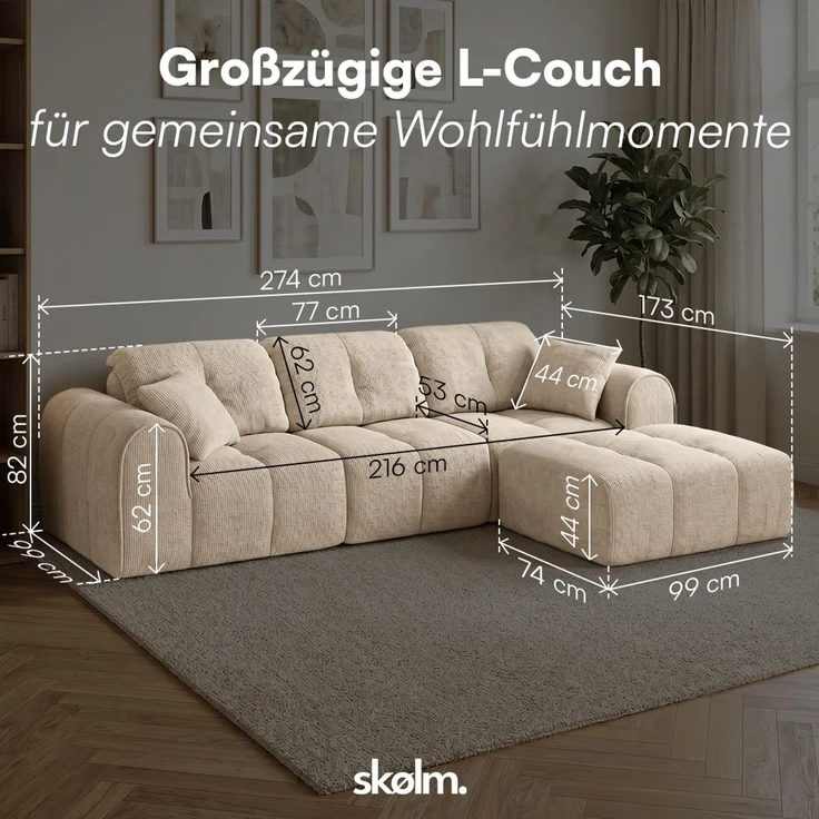 skølm 'Vanaheim' Sofa 3 Sitzer mit Hocker & 2 Kissen, Cloud Sofa beige, Chenille-Stoff, Vollschaumcouch mit Federkern und Vakuum-Kompression, kein Aufbau erforderlich – Bild 8