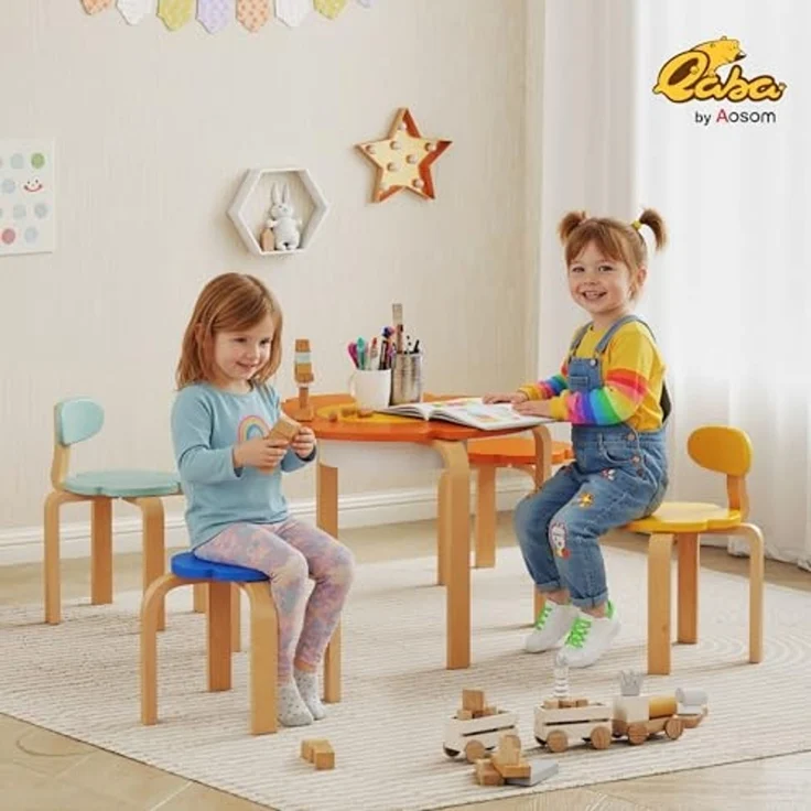 AIYAPLAY Kindersitzgruppe für Kinder von 3 bis 8 Jahren, (Kindermöbel, 5-tlg, 5-teiliges Set mit Tisch, Stühlen und Hockern), Blumenform, Mehrfarbig – Bild 2