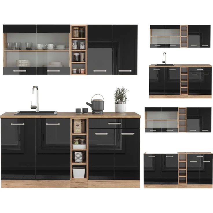 Singleküche R-Line Schwarz Hochglanz/Goldkraft Eiche 160 cm , AP Eiche Vicco – Bild 6