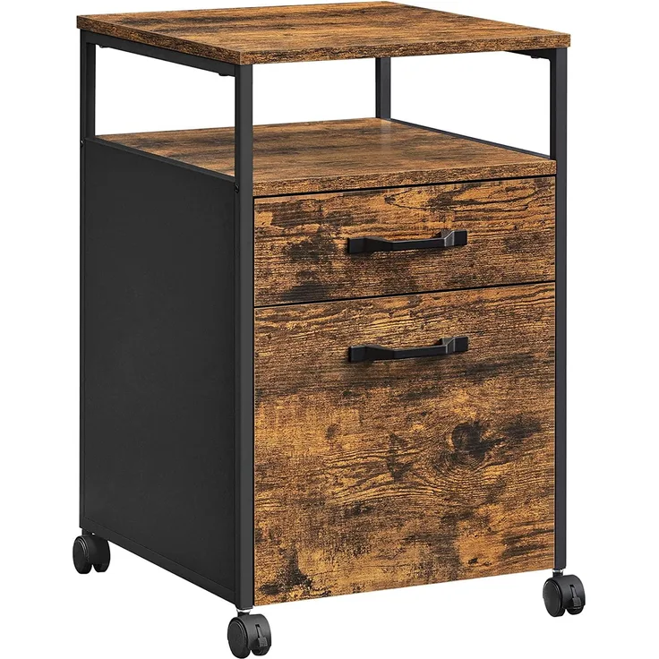 VASAGLE Rollcontainer, Aktenschrank mit 2 Schubladen, mobiler Büroschrank mit Rädern, offenes Fach, Hängeregistratur, Stahlgestell, Industrie-Design, [OFC71X]