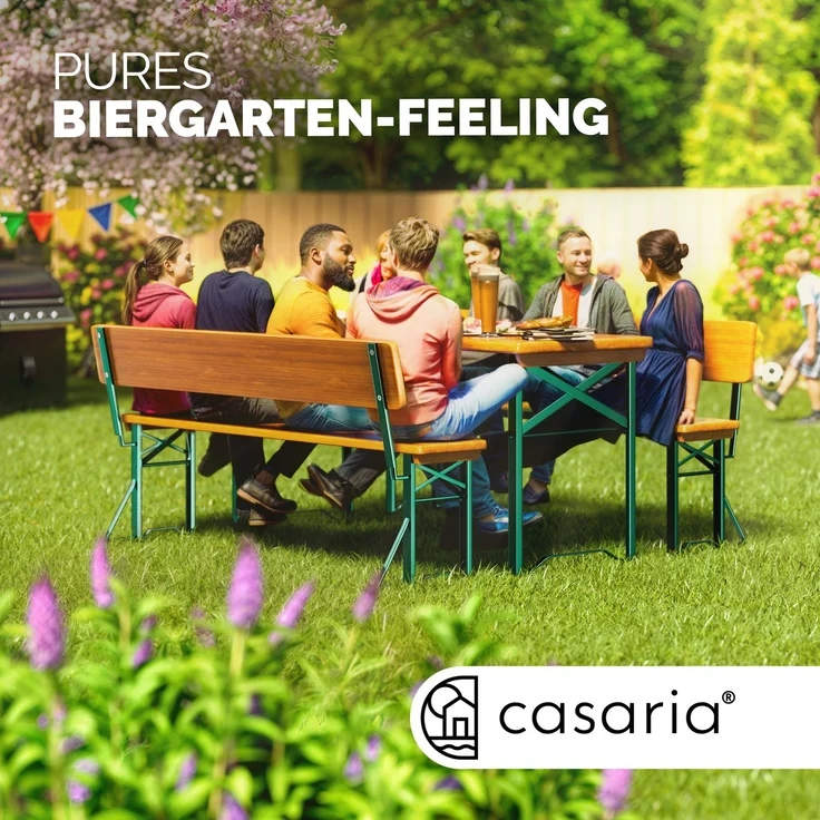 Casaria Bierzeltgarnitur mit Rückenlehne, 3-teilig, klappbar, Holz natur / Stahl grün, 170 x 70 x 75 cm – Bild 5