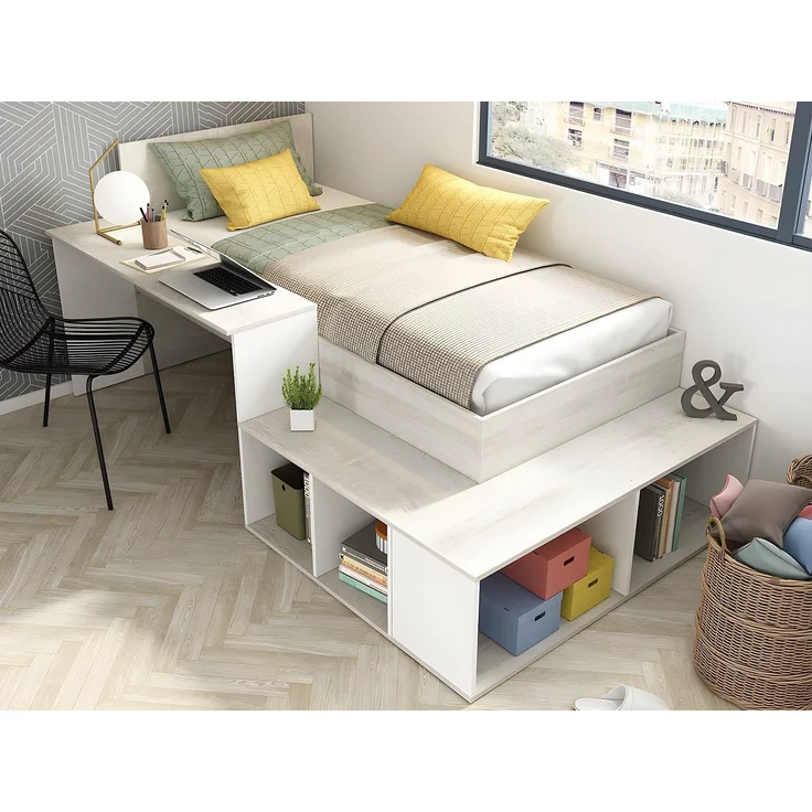 Vente-unique - Kombi-Bett 90 x 200 cm mit Stauraum & Schreibtisch + Lattenrost - Holzfarben & Weiß - RIGALI – Bild 2