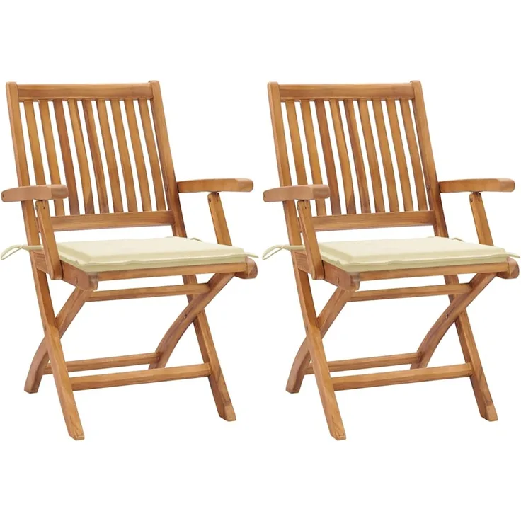 vidaXL Klappstühle, 2 Stück, mit cremefarbenen Kissen, aus massivem Teakholz 3062408