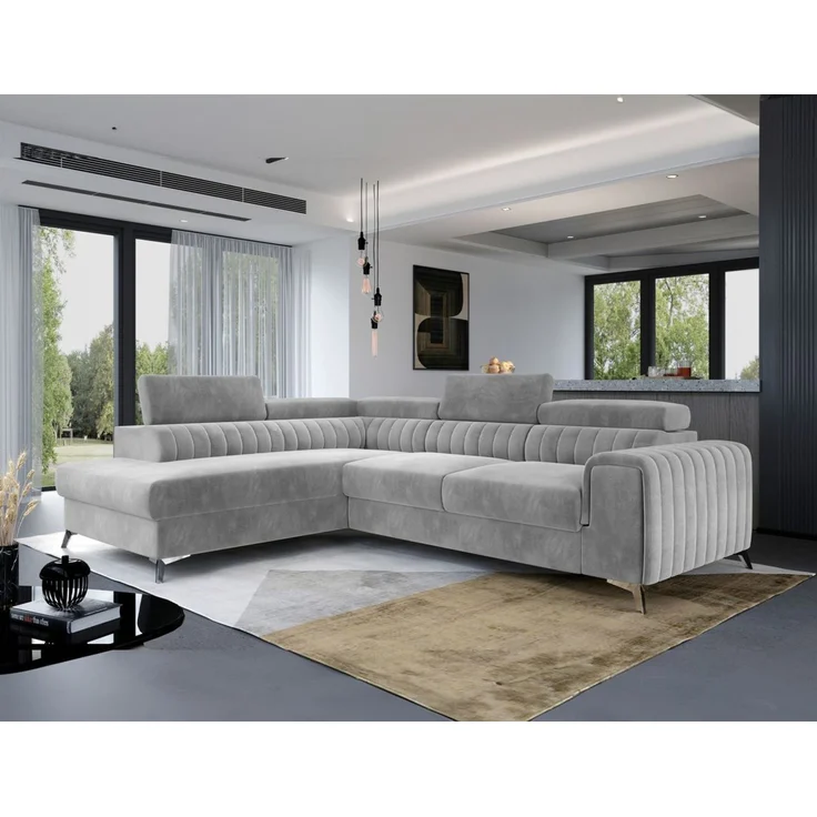 Ecksofa mit Schlaffunktion Sofa ELENI Stoff Paros Hellgrau Ottomane Links – Bild 1