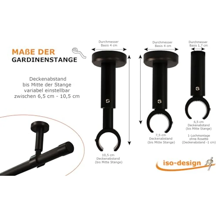 iso-design Gardinenstange Set zur Montage an der Decke mit 20 mm Durchmesser 1-läufig, Ø 20 mm, 1-läufig, Deckenmontage, geschraubt, Aluminium, Variabler Deckenabstand – Bild 7