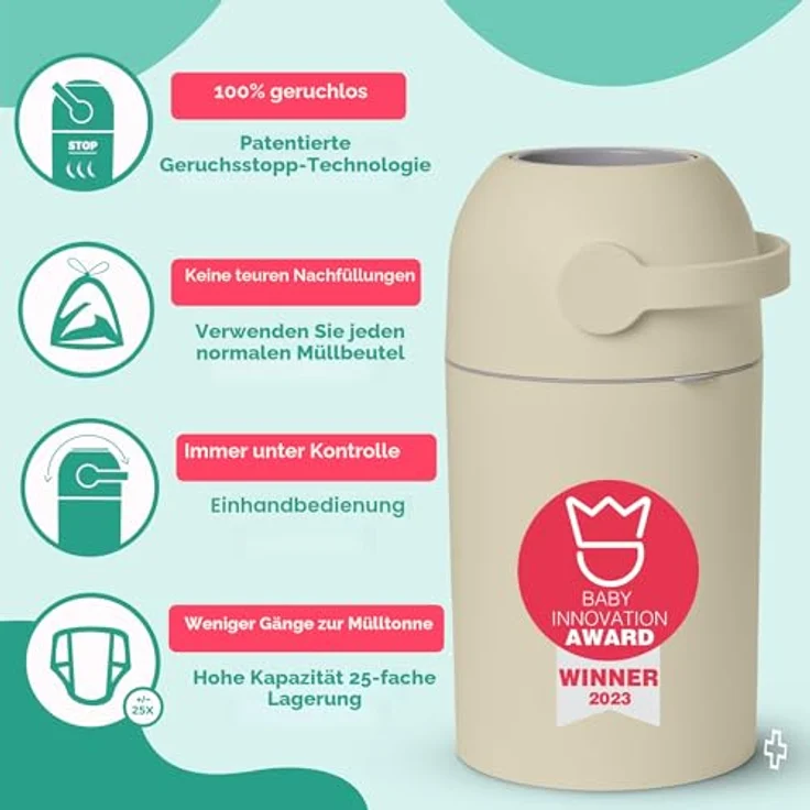 Magic Windeleimer Magic Majestic, geruchsfrei für handelsübliche Müllbeutel, inkl. 1 Rolle mit 15 Windelbeuteln, Beige – Bild 2