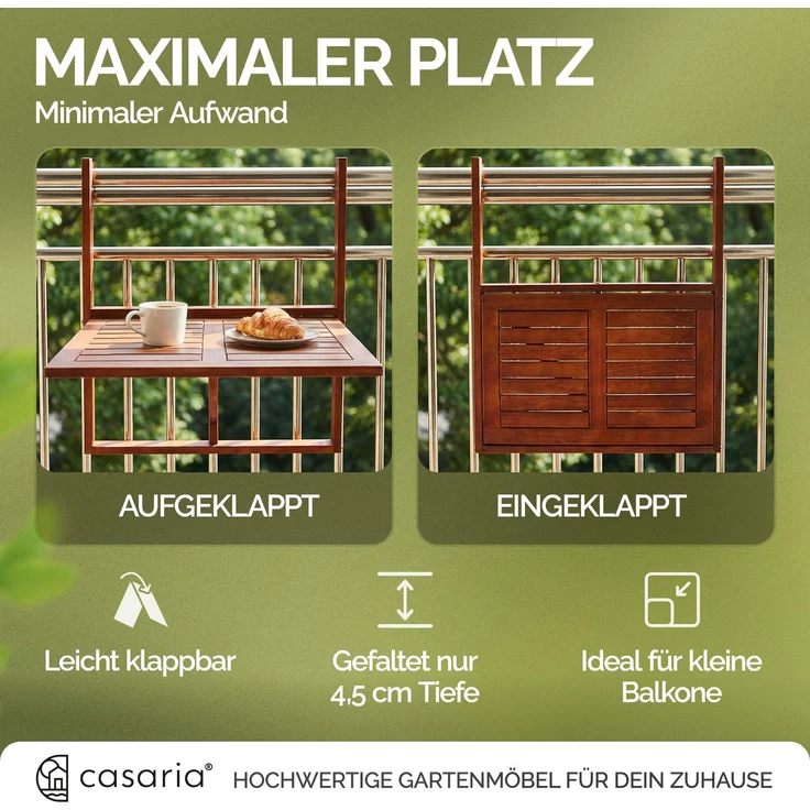 Casaria Balkontisch Balkonhängetisch Balkon Tisch klappbar Akazie Holz – Bild 5