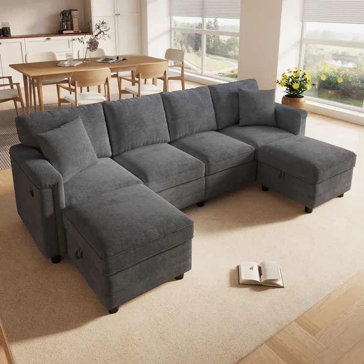 6-Sitzer Wohnlandschaft B 261 x T 134 x H 82 cm aus Chenille mit Stauraum und USB