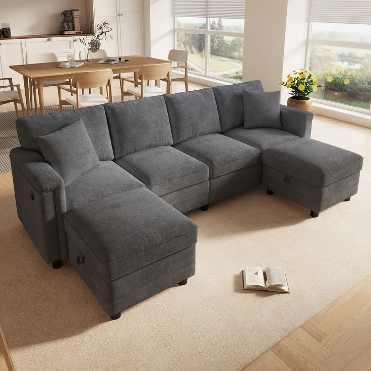 6-Sitzer Wohnlandschaft B 261 x T 134 x H 82 cm aus Chenille mit Stauraum und USB – Bild 1