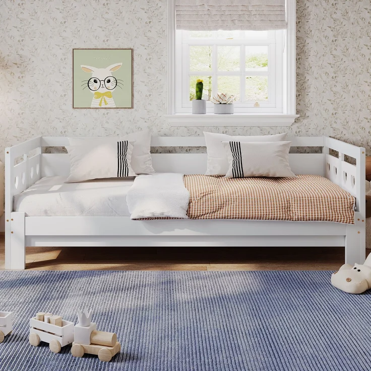 Herzform Schlafsofa, Daybed ausziehbar, Kinderbett und Gästebett, weißes Polster, Kiefernholz, platzsparend – Bild 5