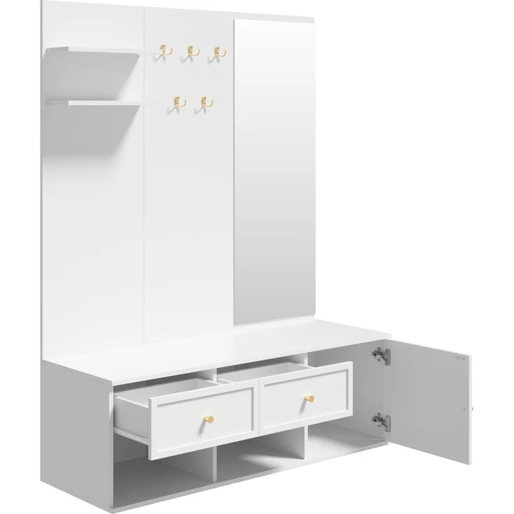 Garderobenset 120 x 35 x 159 cm in Weiß mit Spiegel, 5 Haken, Schubladen und Ablagefächern – Bild 5