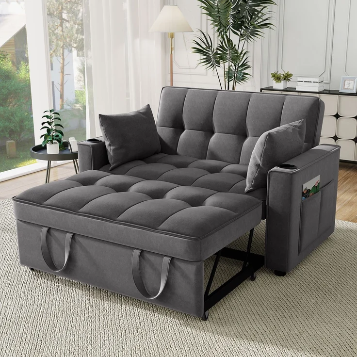 Schlafsofa Samt 3-in-1 verstellbar, 137 x 76.5 x 83 cm – Zweisitzer mit ausziehbarer Liege & Getränkehaltern – Bild 1
