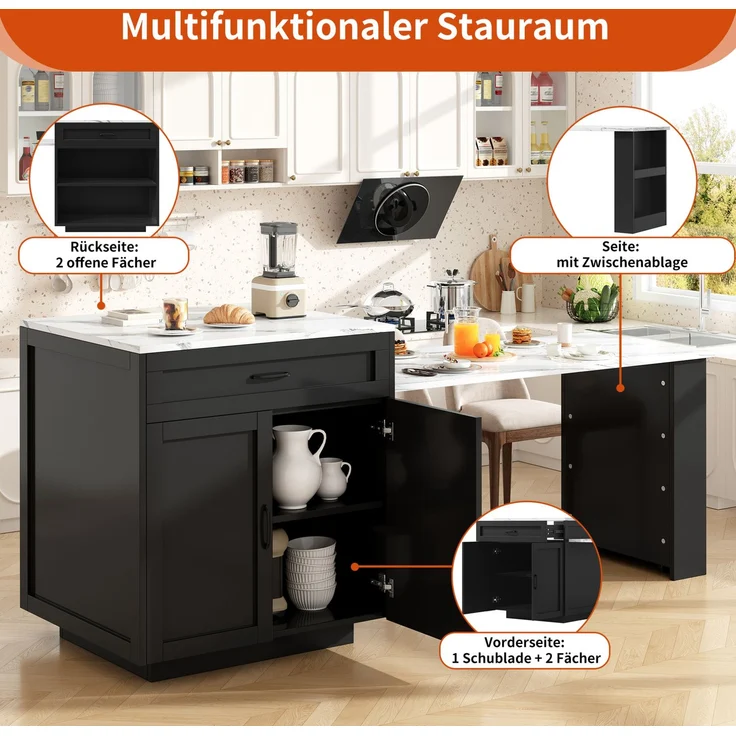 Ausziehbarer Bartisch aus MDF mit Stauraum, 98-204x70x93,5 cm, Schwarz – Bild 7