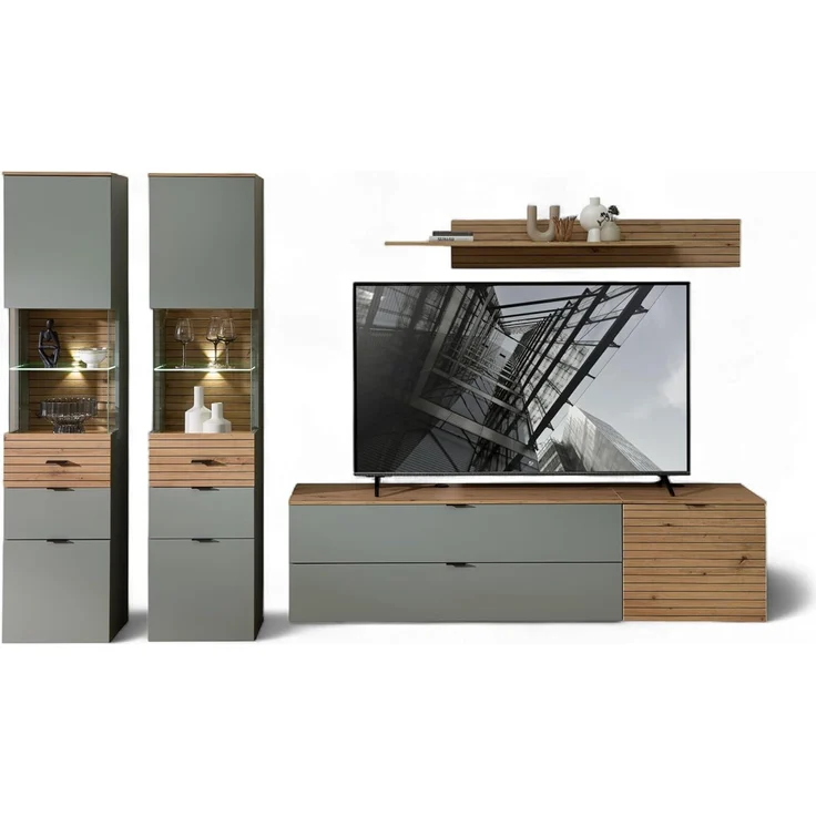 Stella Trading INA Wohnwand Komplett-Set in Schilfgrün, Artisan Eiche Optik FSC-Zertifiziert - Moderne Schrankwand 5-teilig mit LED-Beleuchtung für Ihr Wohnzimmer - 320 x 200 x 44 cm (B/H/T) – Bild 1