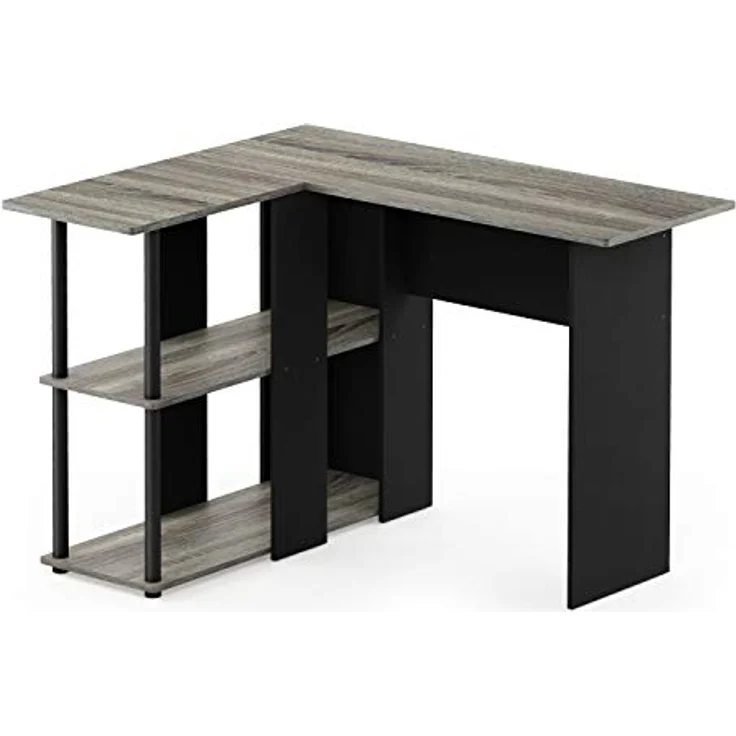 Furinno Abbott L-förmiger Schreibtisch mit Regalen, Holz, Französische Eiche Grau/Schwarz, 87.5 x 104.5 x 73.51 cm – Bild 7