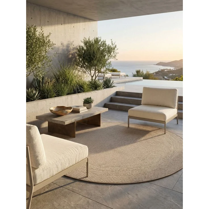 KADIMA DESIGN Teppich Outdoor Teppich VENTOUX Bordüre Flachgewebe Balkon Küche Rund, Rund, Höhe: 5 mm, Beige, 80x80 cm, Outdoor Balkonteppich Terrasse Pflegeleicht Robust – Bild 4