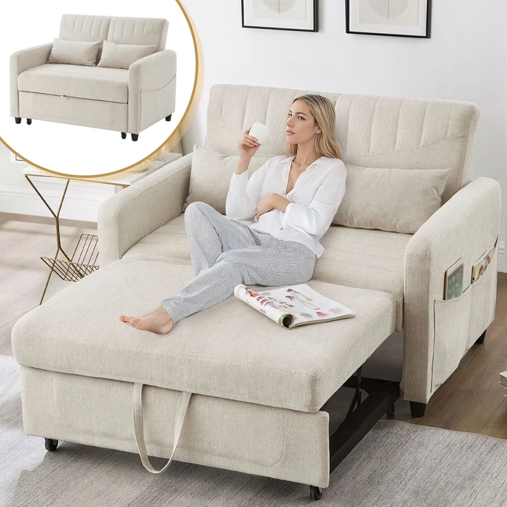 ZUBALIYA Sofa 166x95 cm, mit Ausziehbett, mit breiten Armlehnen, mit Schaumstoffpolsterung, ohne aufwendige Montage, Natur – Bild 3