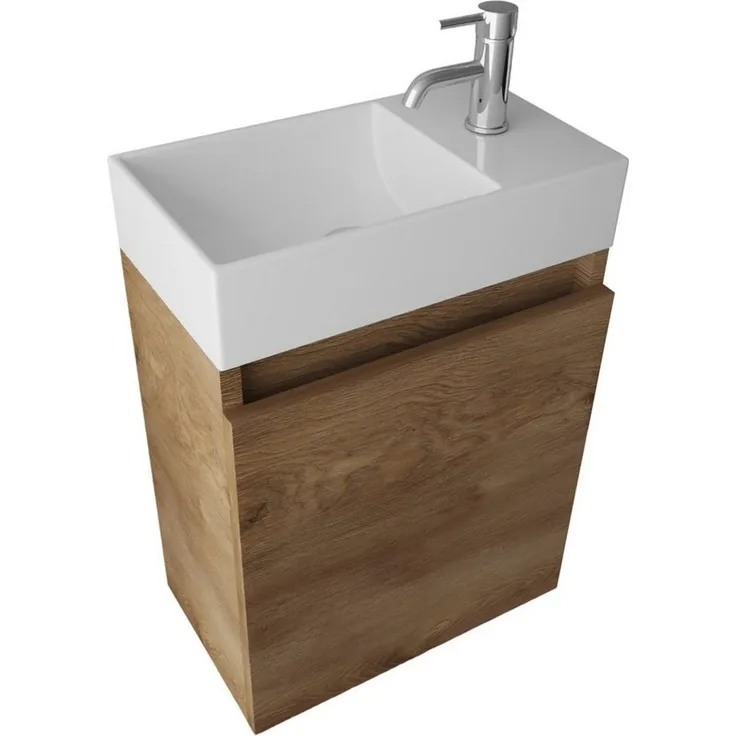 Alpenberger Badmöbel-Set Gäste WC Waschbecken mit Unterschrank - Badschrank Hängend, (2-tlg. Waschtisch Set Eiche, Waschbeckenunterschrank mit Softclose), Waschplätze für Kleine Bäder - Badschrank Hängend und Vormontiert