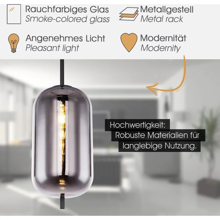 Hängelampe Esszimmer Hängeleuchte Wohnzimmer Rauchglas Pendelleuchte Küche – Bild 2