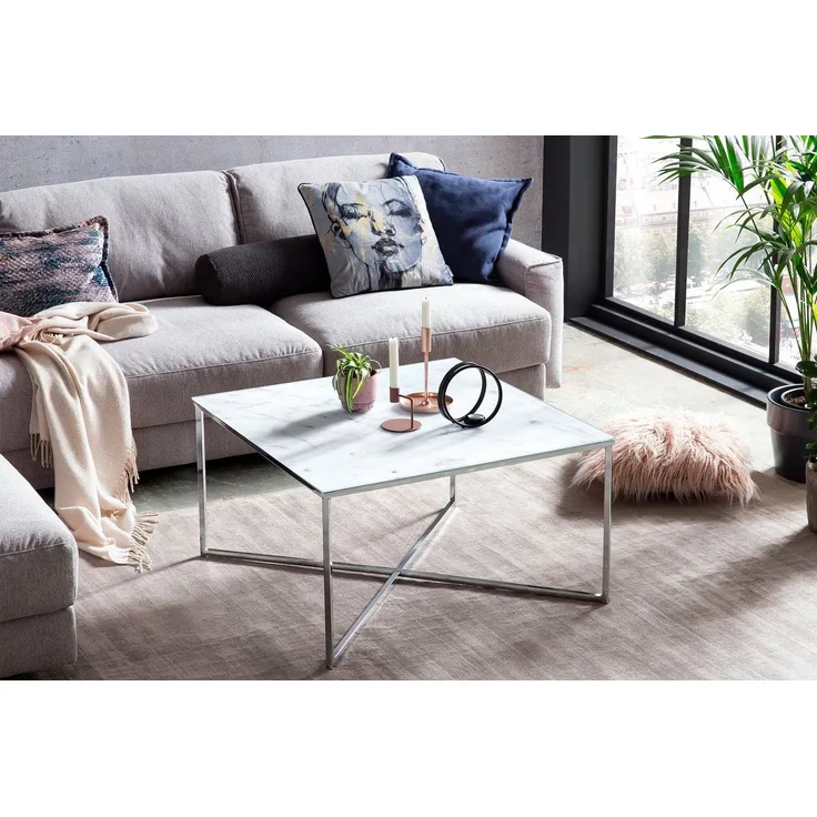 Couchtisch Glas 80 x 80 cm in weißer Marmoroptik mit Metallgestell in Chrom