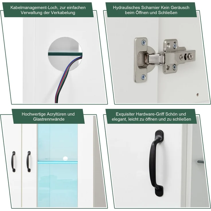 DESVIAE Vitrine mit LED-Beleuchtung und 2 Schubladen, 59,5x182x35 cm, Spanplatte, Weiß – Bild 4