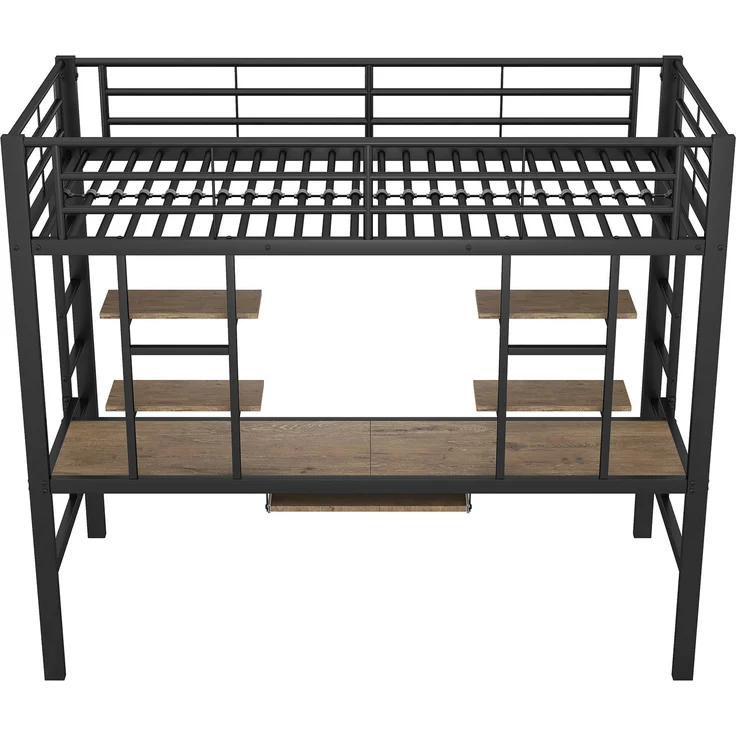 EINHOM Bettgestell Metallbett, Eisenbett, Hochbett mit Schreibtisch und Zwei Bücherregalen für Kinder, Jugendliche und Erwachsene, 90 x 200 cm, Schwarz, (Ohne Matratze) – Bild 4