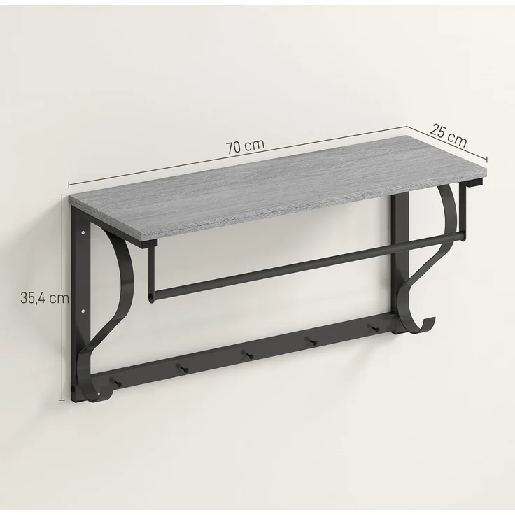 HOMCOM Garderobenleiste mit Ablage, 5 Haken und Stange (Wandgarderobe, 1 St, Wandregal), für Flur, Wohnzimmer, Schlafzimmer, Badezimmer Grau – Bild 3