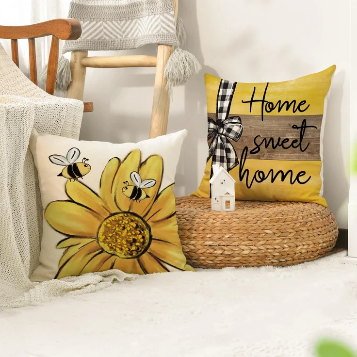 Kissenbezüge 45×45 cm 4er-Set Bee & Sonnenblume, Home Sweet Home, Frühling/Sommer Sofa-Deko – Bild 5