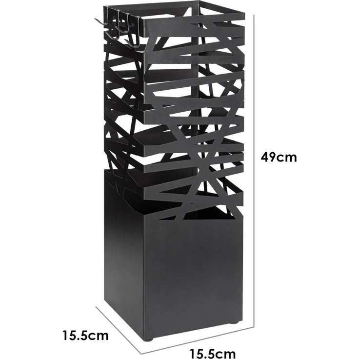 Todeco Regenschirmständer aus Metall mit Ausschnittmuster, quadratischer Schirmständer mit 4 Haken und Wasserauffangschale herausnehmbar, für Eingang, Haus, Büro, Schwarz, 15,5x15,5x49 cm – Bild 6