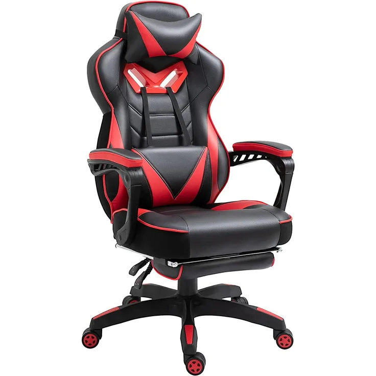 Vinsetto Ergonomischer Bürostuhl, Gaming Stuhl, Drehstuhl mit einziehbare Fußstütze und Verstellbarer Rücken Schaumstoff+PU-Leder+Metall, Schwarz+Rot, 65 x 70 x 118,5-128,5 cm