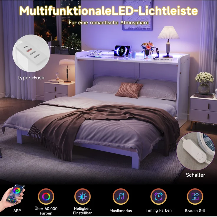 CHICFURN Bett aus MDF Weiß 140x200 cm als Schrankbett mit Schubladen und LED-Beleuchtung – Bild 4