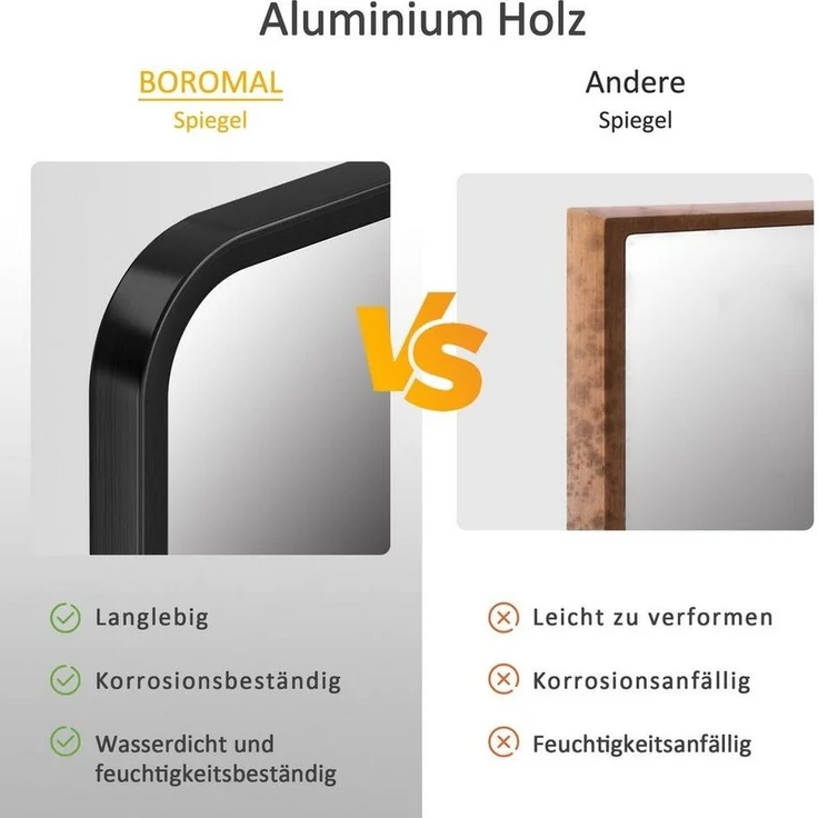 Boromal Spiegel Wandspiegel Rechteckig 50x70 60x80 Schwarz / Gold Metallrahmen Rattan (Badezimmerspiegel Dekospiegel Badspiegel, Rechteckig, 120x70, 100x70, 100x60, 40x60), Vertikal und Horizontal möglich, mit explosionsgeschützte membran – Bild 2