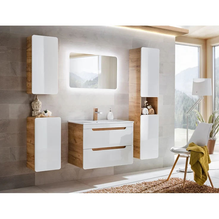 Badmöbel Set 4-teilig. Badmöbel Set 80 cm mit Waschbecken, Badspiegelschrank und LED-Leuchte, Eiche Craft Nb./Weiss hochglanz – Bild 9