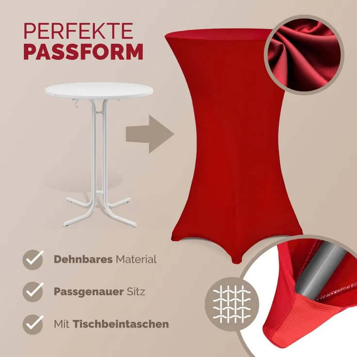 DETEX® Stehtischhusse Rot 60-65cm Verstärkter Fußbereich 30°C Waschbar Stehtisch Hussen Stretch Tisch Überzug Hochzeit – Bild 3