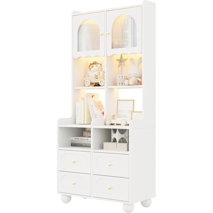 Glasvitrine mit Rippglas, LED-Beleuchtung und 4 Schubladen, 80x40x180 cm, Weiß – Bild 7