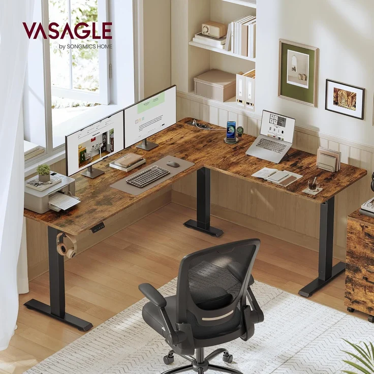 VASAGLE Höhenverstellbarer Schreibtisch, 190 x 155 cm, L-förmiger Eckschreibtisch, Stehtisch, 2 AC-Steckdosen, 2 USB-A-Anschlüsse, Ablage für Steckdosenleiste, für Büro, vintagebraun LSD295KD01 – Bild 2