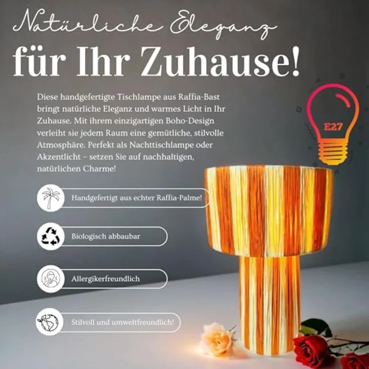 Marrakesch Morjana Tischlampe 42cm aus Raffia-Bast | Boho Stehlampe in Beige Orange mit E27 Fassung für Wohnzimmer, Schlafzimmer und Kinderzimmer Deko – Bild 4