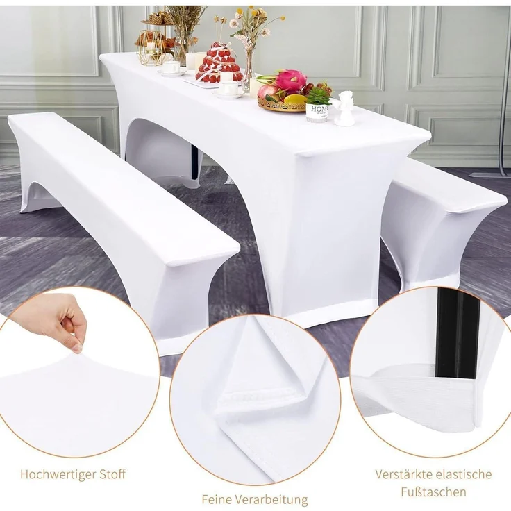 YMHPRIDE 3er-Set Elastische Biertischhussen Weiß Bierzeltgarnituren 220 x 50 cm – Bild 3