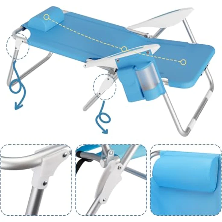 BAKAJI Strandstuhl, faltbar, zusammenklappbar, Gestell aus Aluminium, mit Tasche für alle Gegenstände, integrierte Kühltasche und Rucksackriemen (Blau), Polyester Baumwolle, Unica – Bild 4