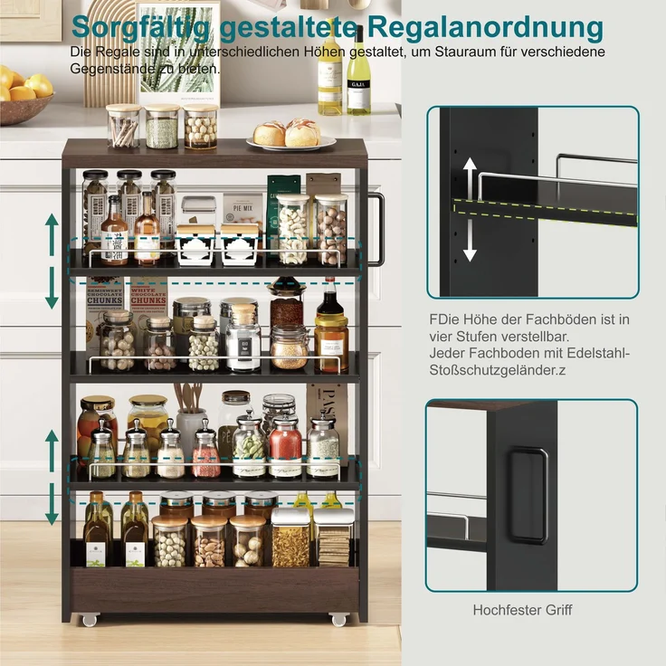 ZUBALIYA Nischenwagen 55 x 16 x 85 cm – 4 verstellbare Fachböden, 4 Lenkrollen, 25 mm Oberplatte, Geländer, MDF, Schwarz, Braun – Bild 3