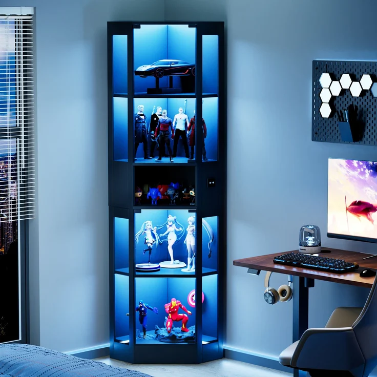 Fünfstöckige Glasvitrine mit Stauraum, LED-Beleuchtung, Glastüren und intelligenten Sensoren, Geeignet für Wohnzimmer, Schlafzimmer und Büros. Schwarz.--Schwarz--57x40x165cm--YOUDENOVA – Bild 1