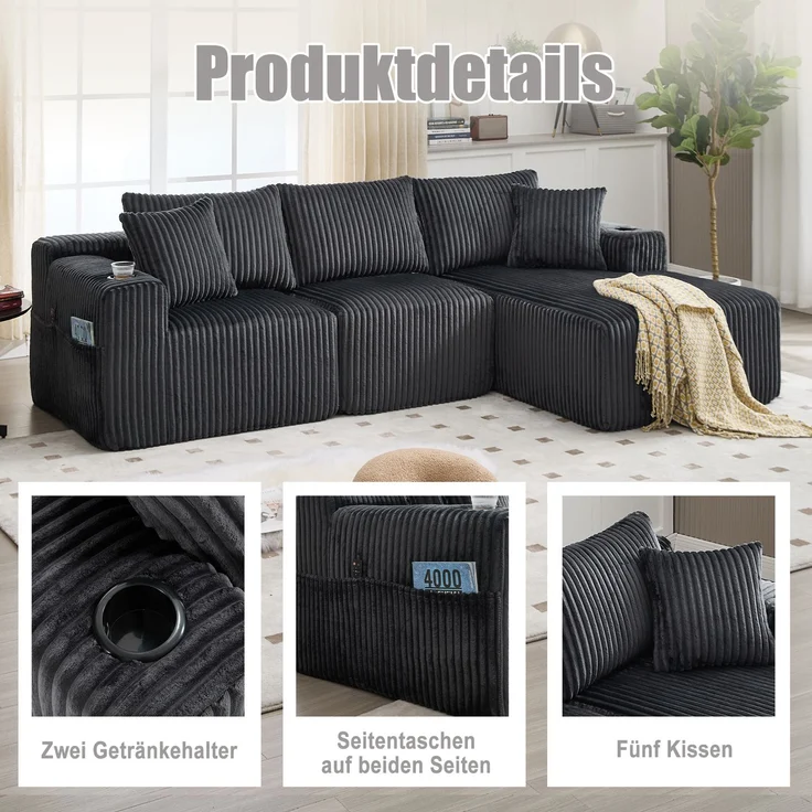 Modulares Sofa Set mit Chaiselongue & 2-Sitzer in Grau, weicher Cordbezug, 5 Kissen & Getränkehalter – Bild 8