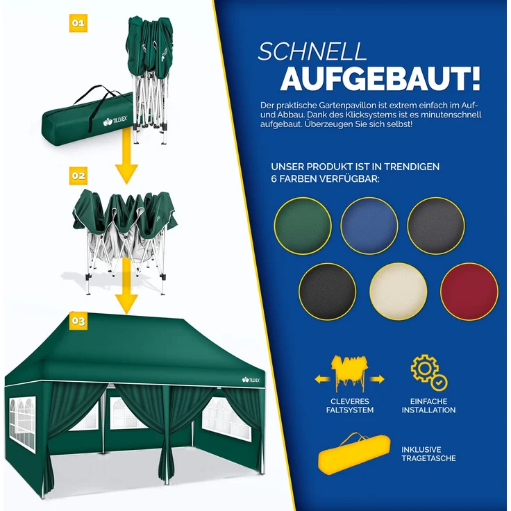 tillvex Pavillon 3x6m - mit 6 Seitenwänden Grün wasserdicht | Pop-Up Faltpavillon höhenverstellbar | Gartenzelt UV Schutz 50+ | Partyzelt mit Tasche für Garten – Bild 9